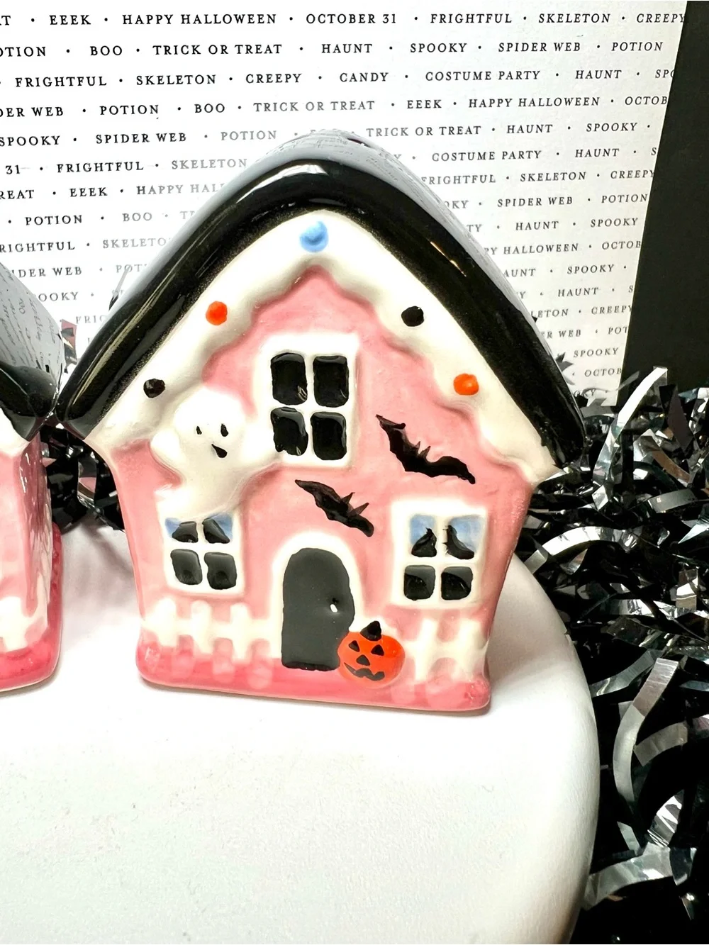 Halloween Pink Gingerbread Haunted House Ceramic Salt & Pepper Shakers Ghost Bat